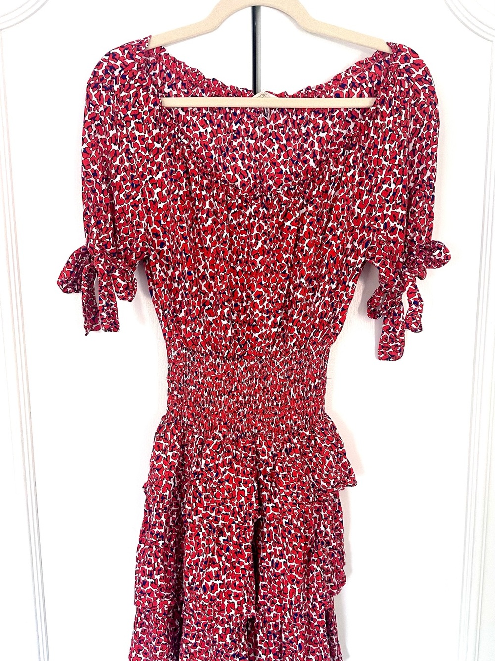 Maje Red Floral Shirred Midi Dress with Puff Sleeves